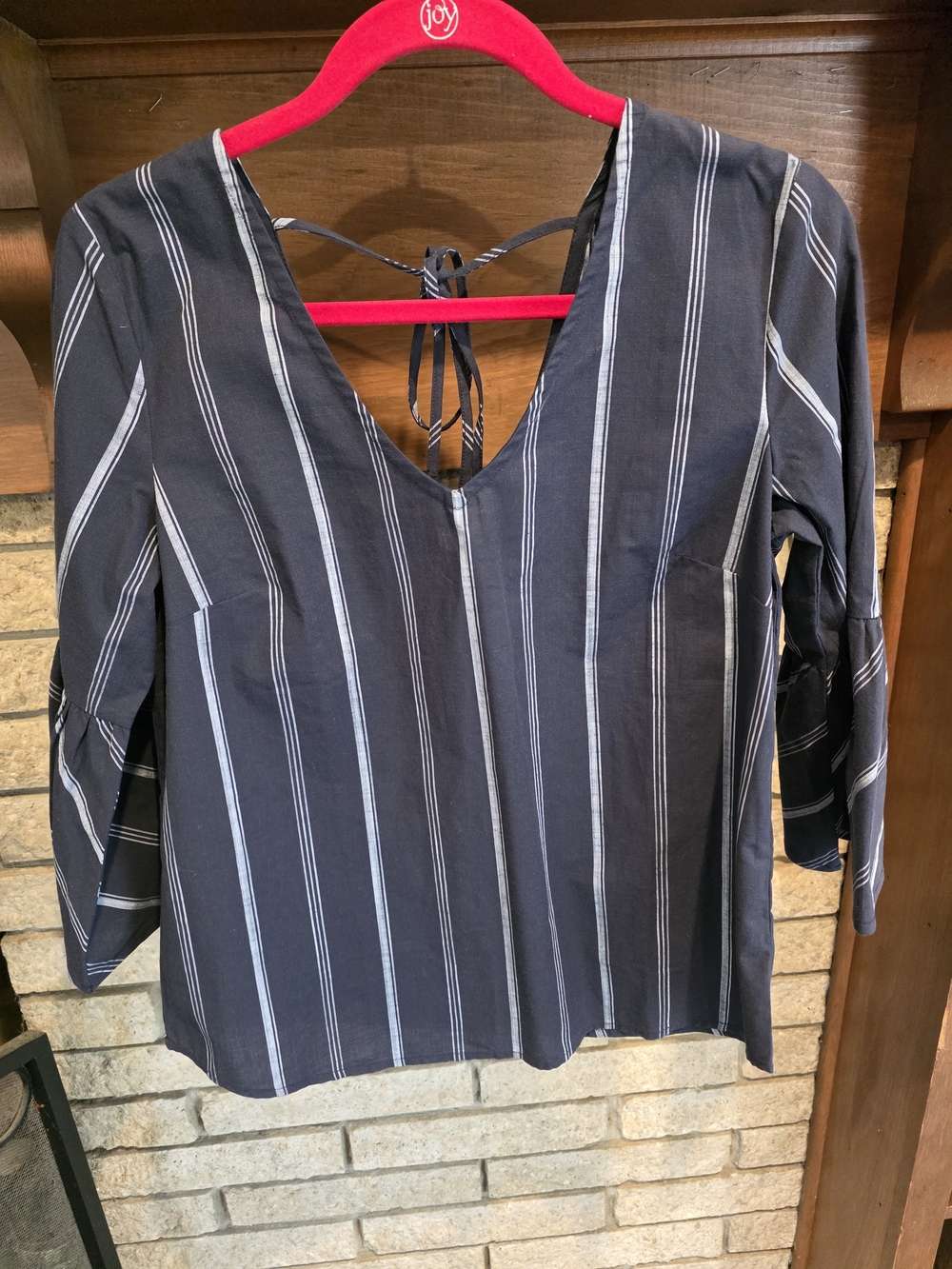 Tommy Hilfiger Navy and White Vertical Stripe V-Neck Bell Sleeve Blouse - Picture 3 of 7